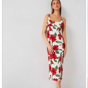 Mango Floral Midi Dress White Red | Size Small | Photoshoot Only